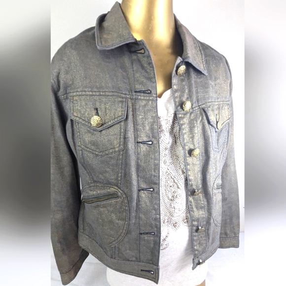 Chico's Shimmer Gold Stretchy Jean Jacket Size 1 (M/L).  Bag 5 - Picture 1 of 10